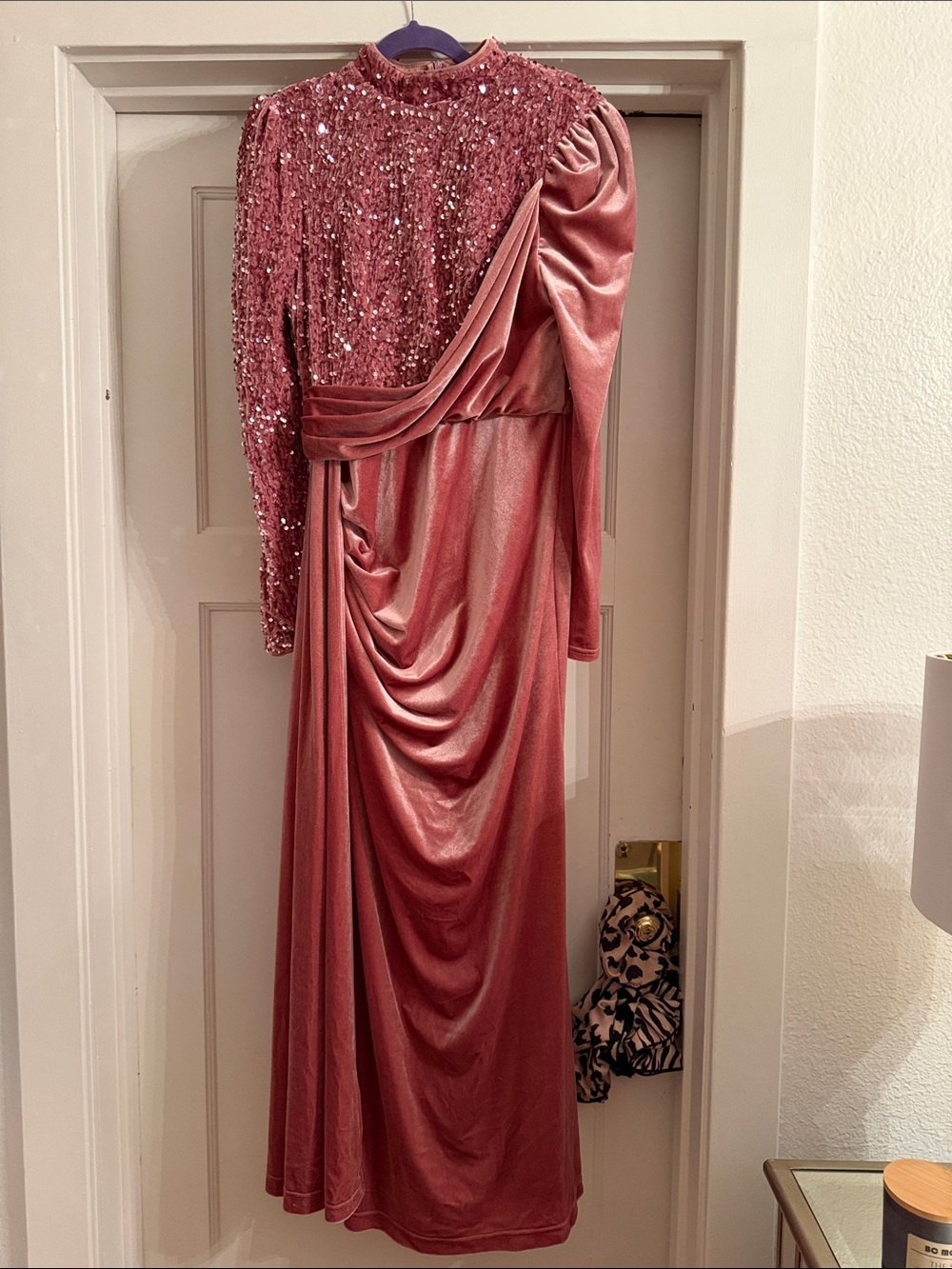 Embellished Draped Long Sleeve Dress in Dusty Rose
